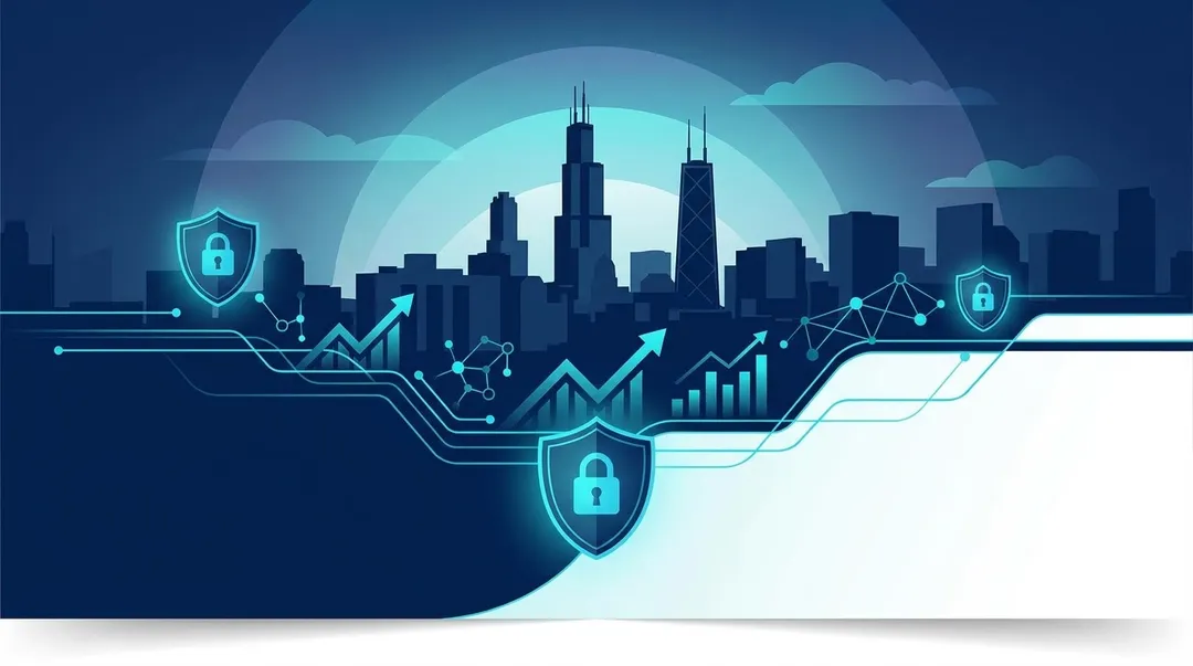 Illustration of the Chicago skyline with security shield icons, rising trend line charts, and connected network graphics representing managed IT pricing and value