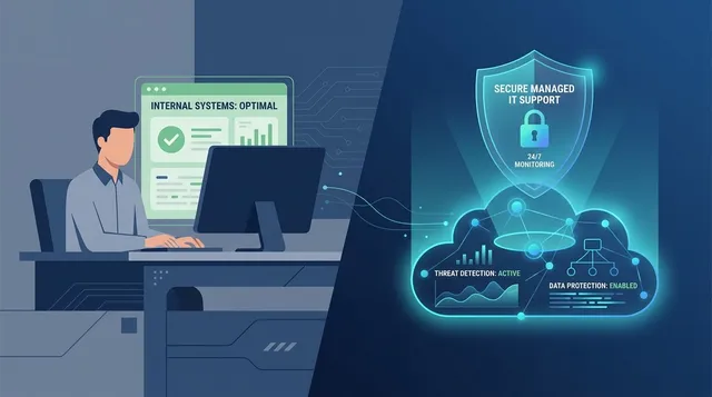 Illustration of an internal IT employee at a desk connected to an outside managed IT provider offering 24/7 monitoring, threat detection, and data protection
