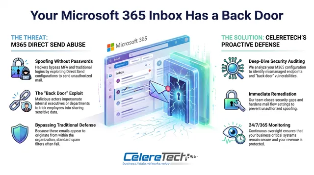 Infographic explaining the Microsoft 365 Direct Send email spoofing vulnerability