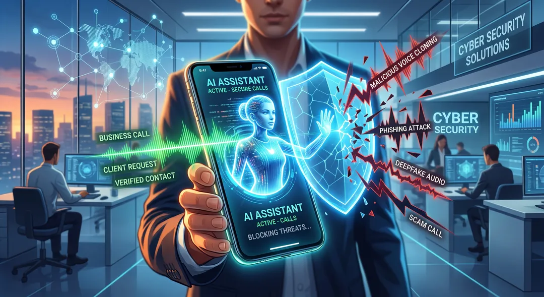 Illustration contrasting an AI voice agent answering business calls with a voice-cloning fraud attempt, representing the security question of whether AI phone agents increase fraud exposure