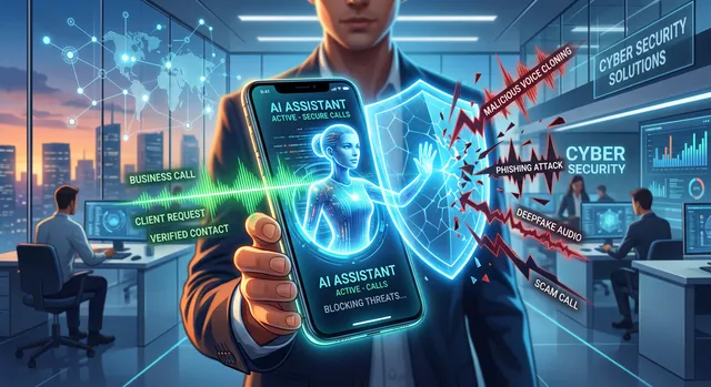 Illustration contrasting an AI voice agent answering business calls with a voice-cloning fraud attempt, representing the security question of whether AI phone agents increase fraud exposure